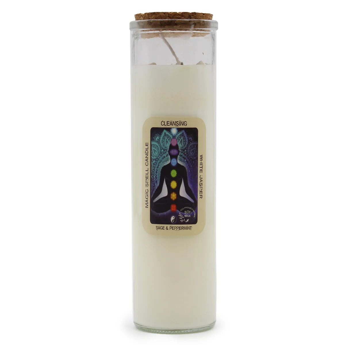 Decorative candle labeled Magic Spell Candle Cleansing with soft glowing flame on white background