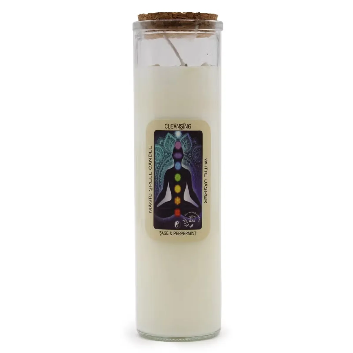 Lit magic candle labeled Cleansing Spell Candle with a glowing flame on a plain background