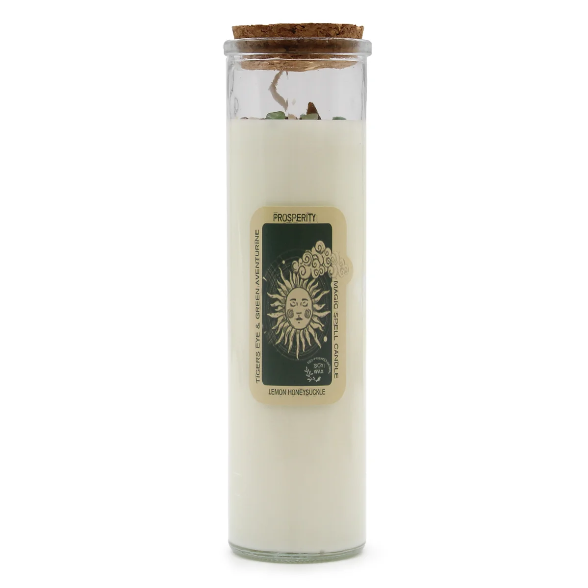 Decorative scented candle labeled Magic Spell Candle - Prosperity with a glowing flame on top