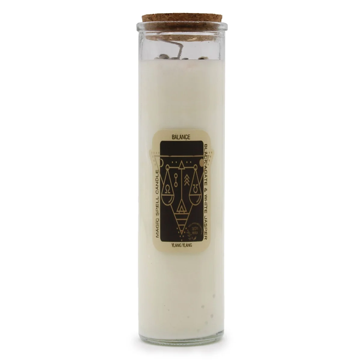 Magic spell candle labeled Balance with a soft glowing flame on a plain background