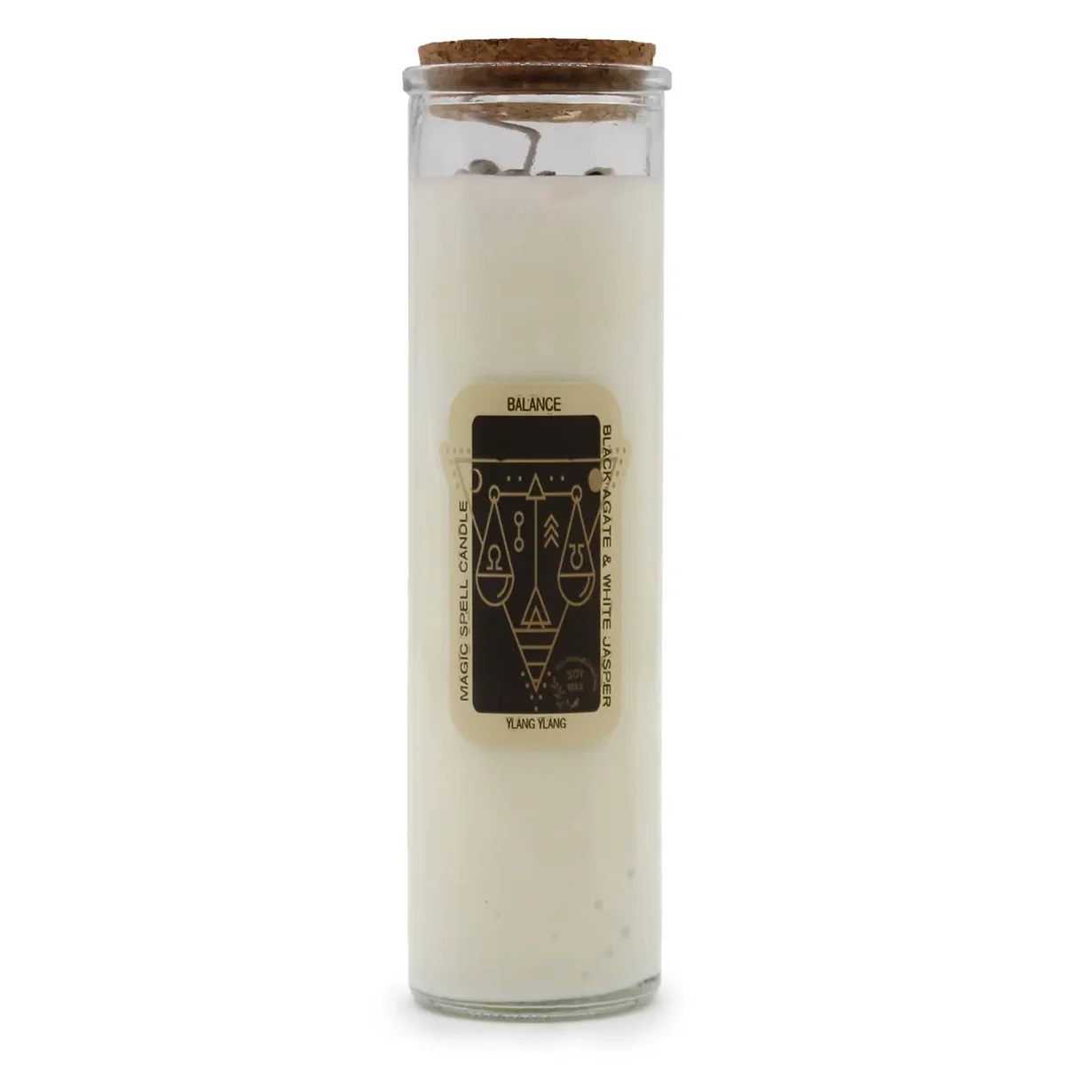 Magic Spell balance candle in a glass jar with a white label and wooden wick on a plain background