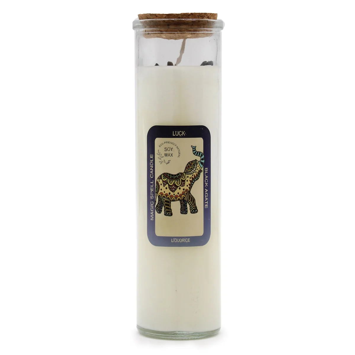 Magic spell candle luck in a glass jar with a wooden lid and a label displaying the product name and design elements