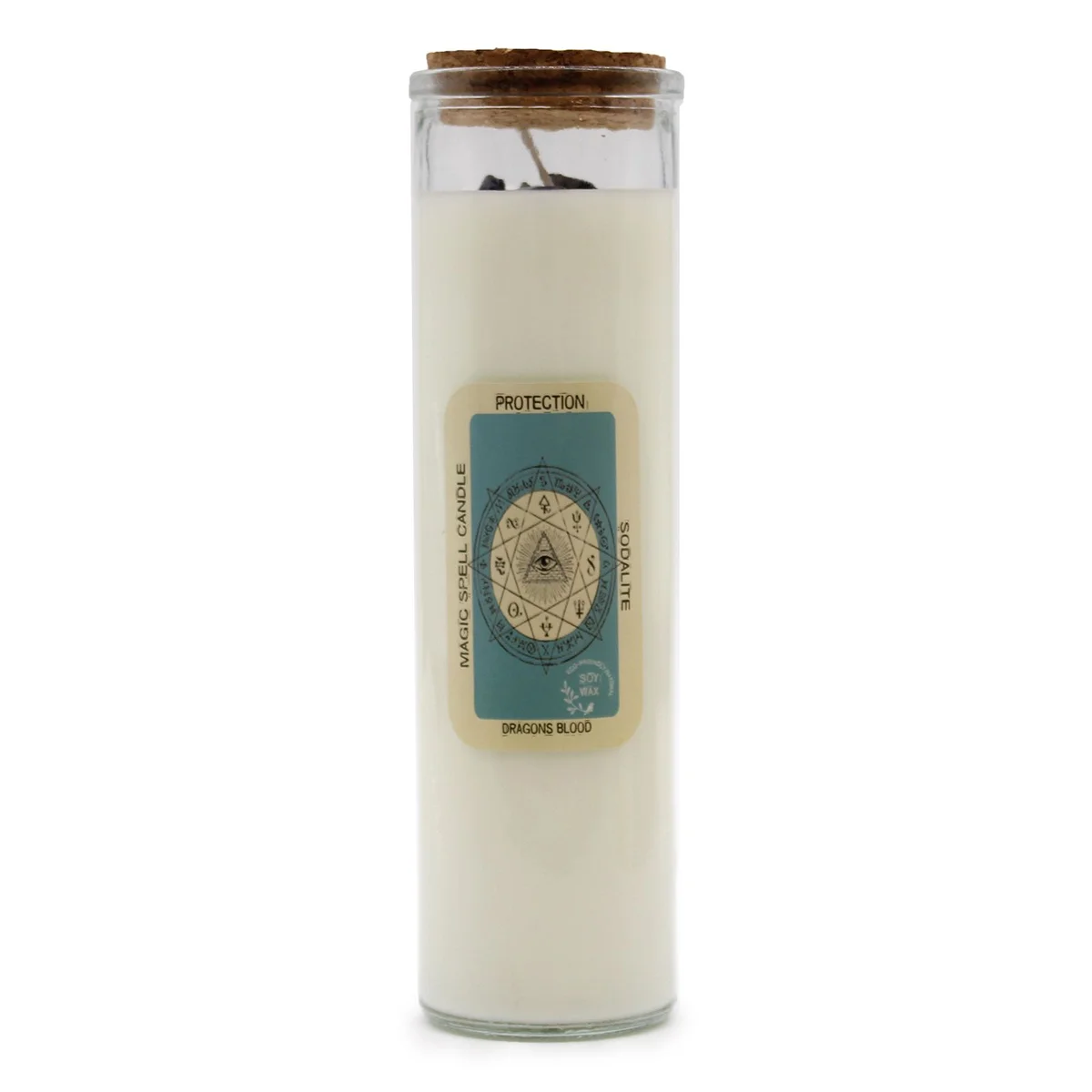 White protection magic candle with label reading Magic Spell Candle - Protection on a plain background
