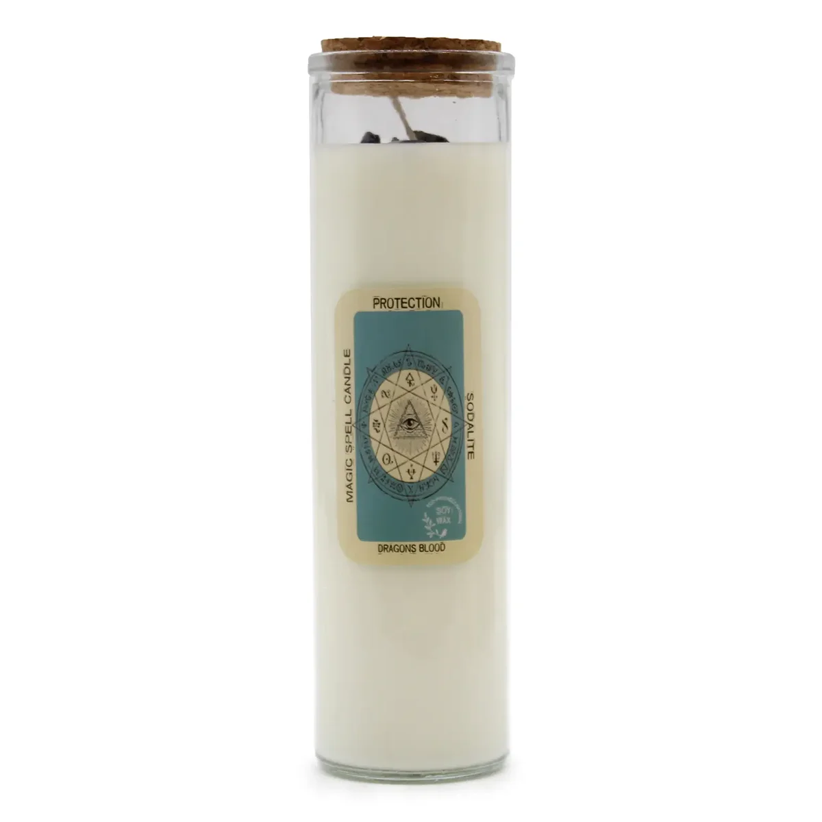 Magic spell candle labeled Protection with a protective symbol on a white background