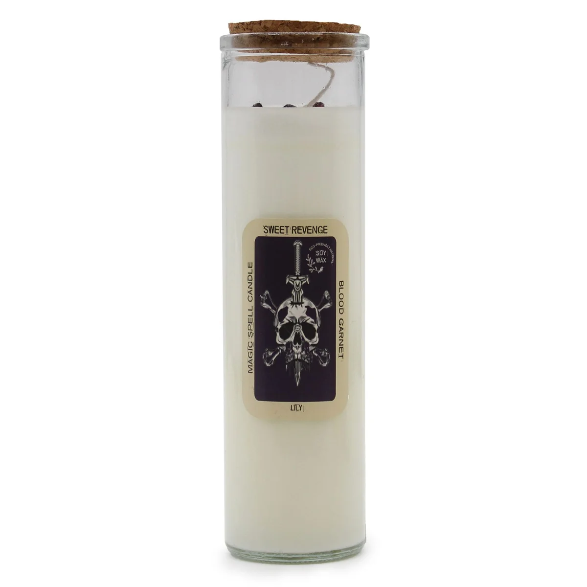 Magic Spell Candle Sweet Revenge with purple wax and label on a white background