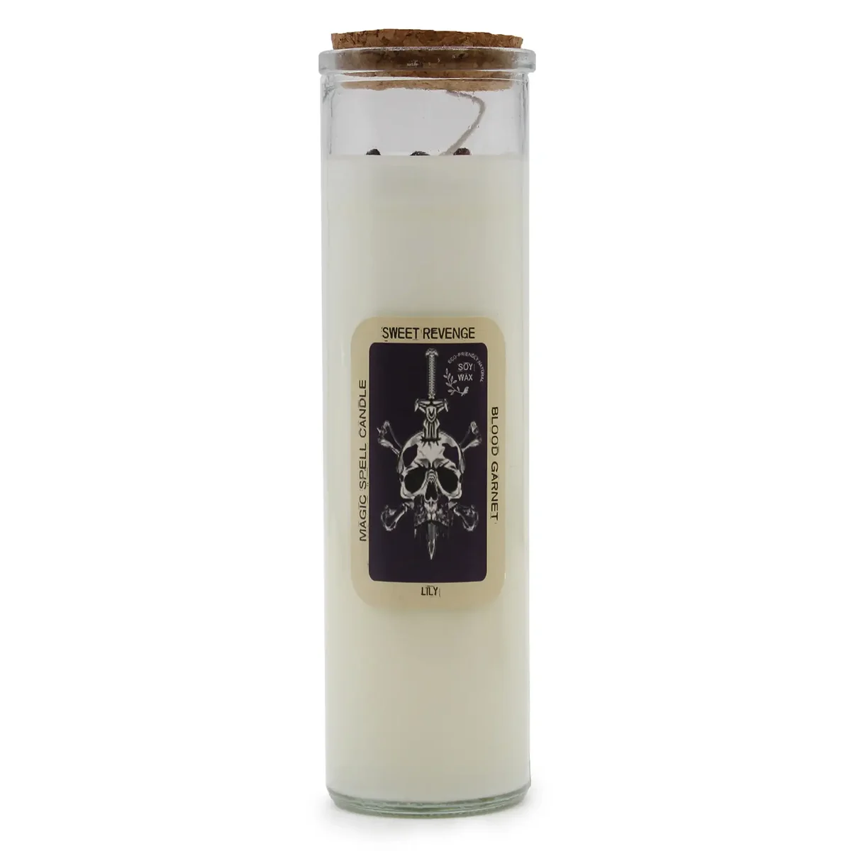 Magic Spell sweet revenge candle in a glass jar with a white label and black text on a plain background