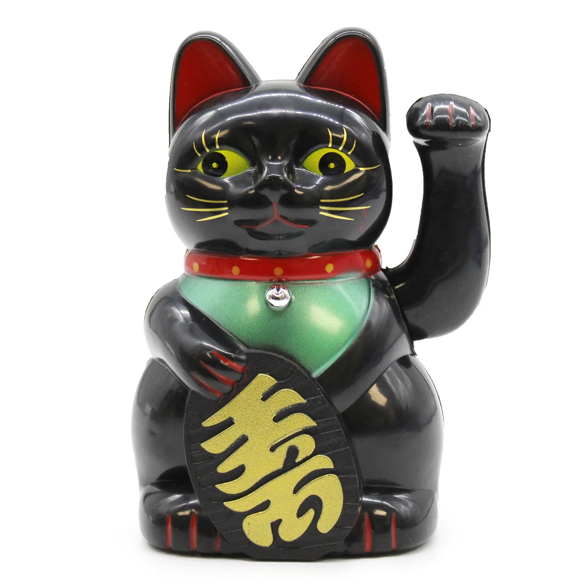 Black cat figurine 15cm tall with a raised paw, representing a traditional money cat in black color