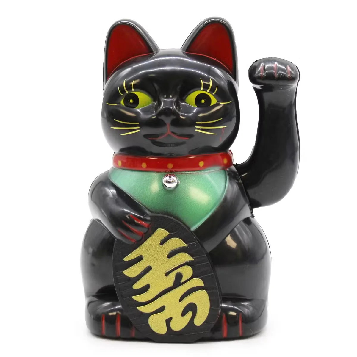 Black 15cm lucky cat ornament with raised paw, symbolising good fortune and wealth on white background