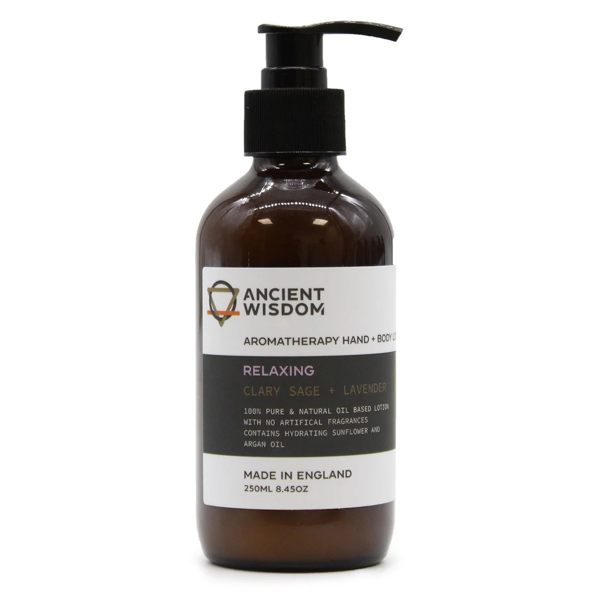 Bottle of Clary Sage & Lavender Hand & Body Lotion 250ml labeled as clary sage hand lotion on a white background