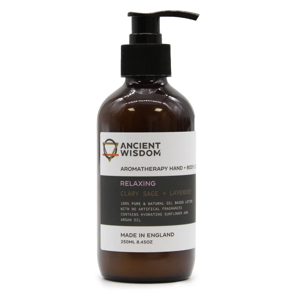 Bottle of Clary Sage & Lavender hand and body lotion 250ml with lavender flowers on a white background