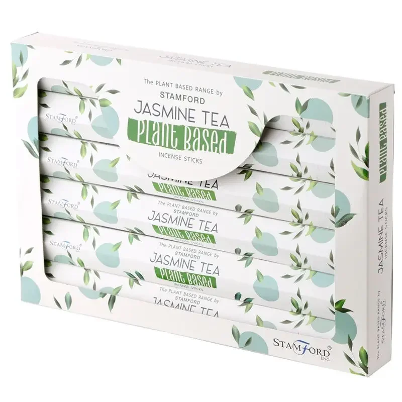 Box of plant based jasmine tea incense sticks with floral design on packaging against white background