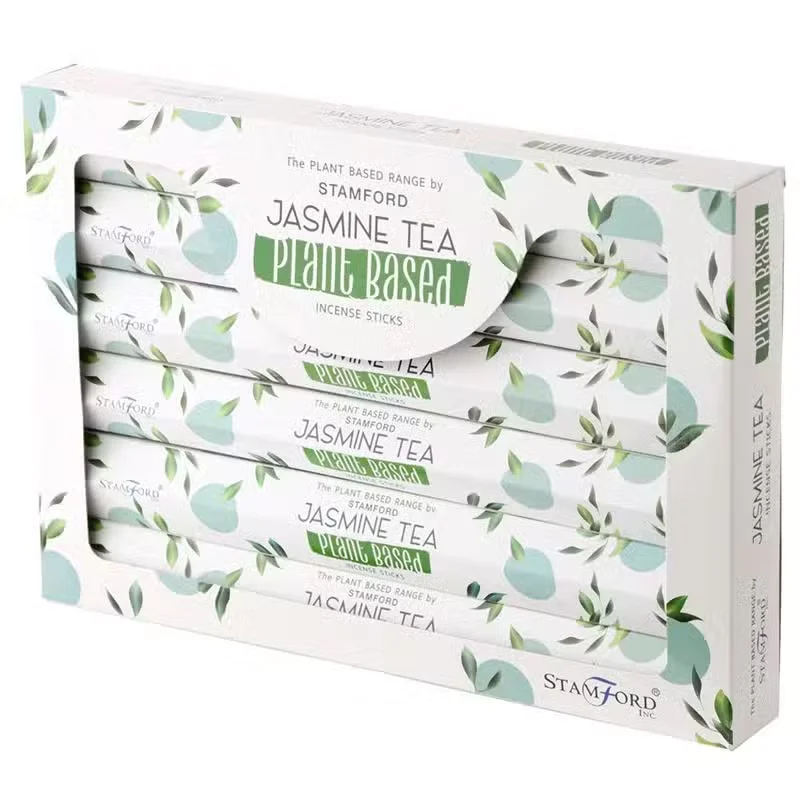 Aromatic incense sticks with jasmine tea scent displayed neatly in a natural, plant-based packaging