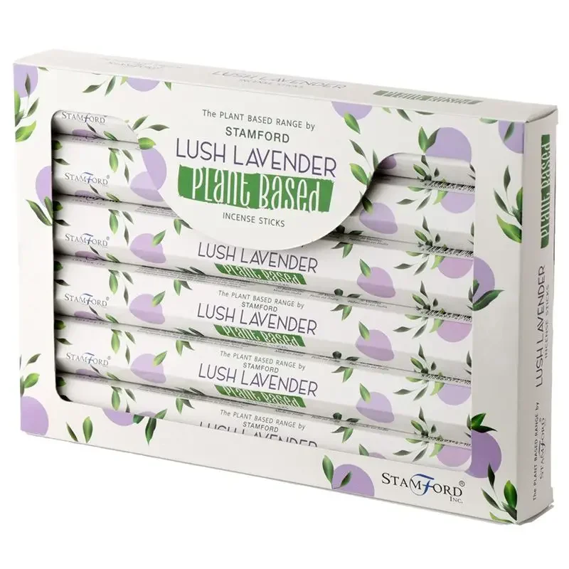 Bundle of plant based lush lavender incense sticks with purple packaging on a white background