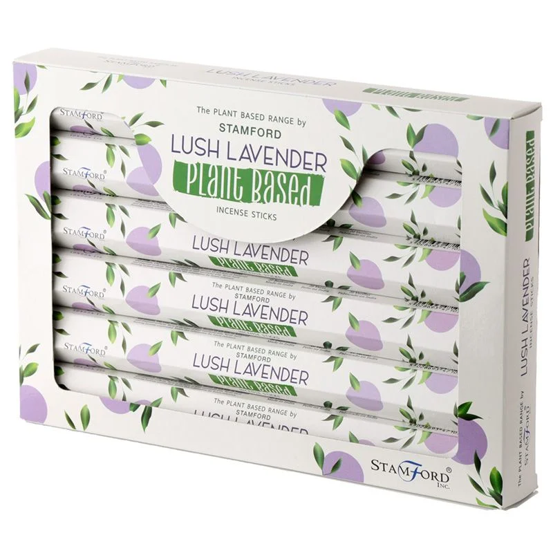 Bundle of lush lavender natural incense sticks with green plant-based packaging on white background