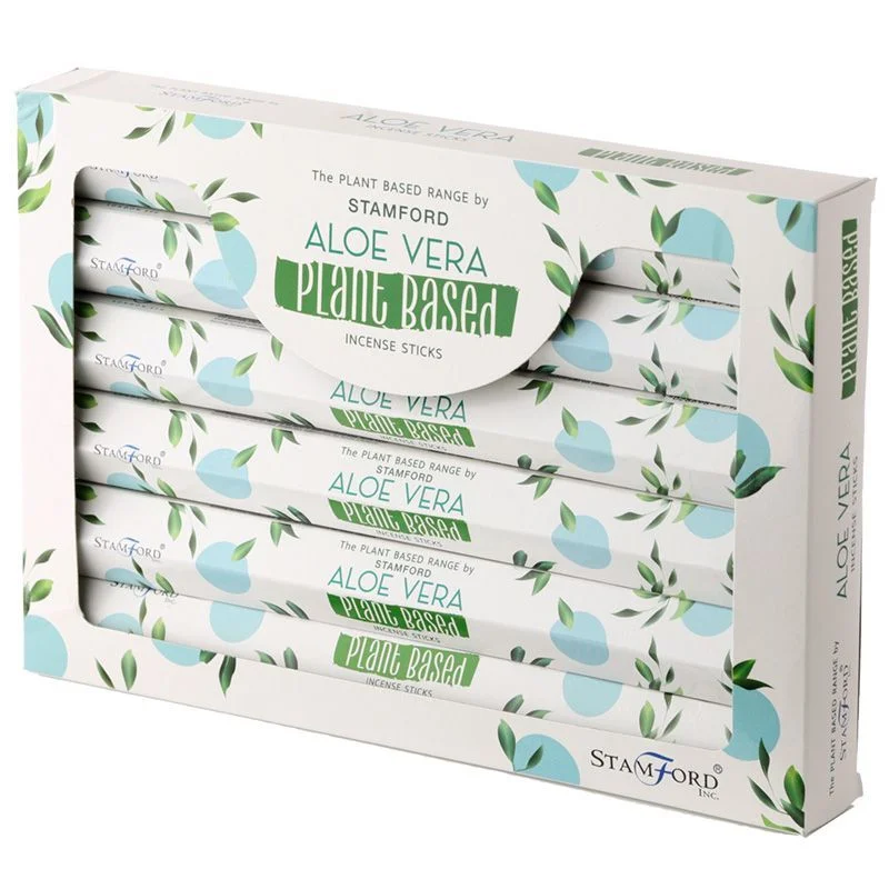 Pack of aloe vera scented plant based incense sticks with natural packaging on a white background