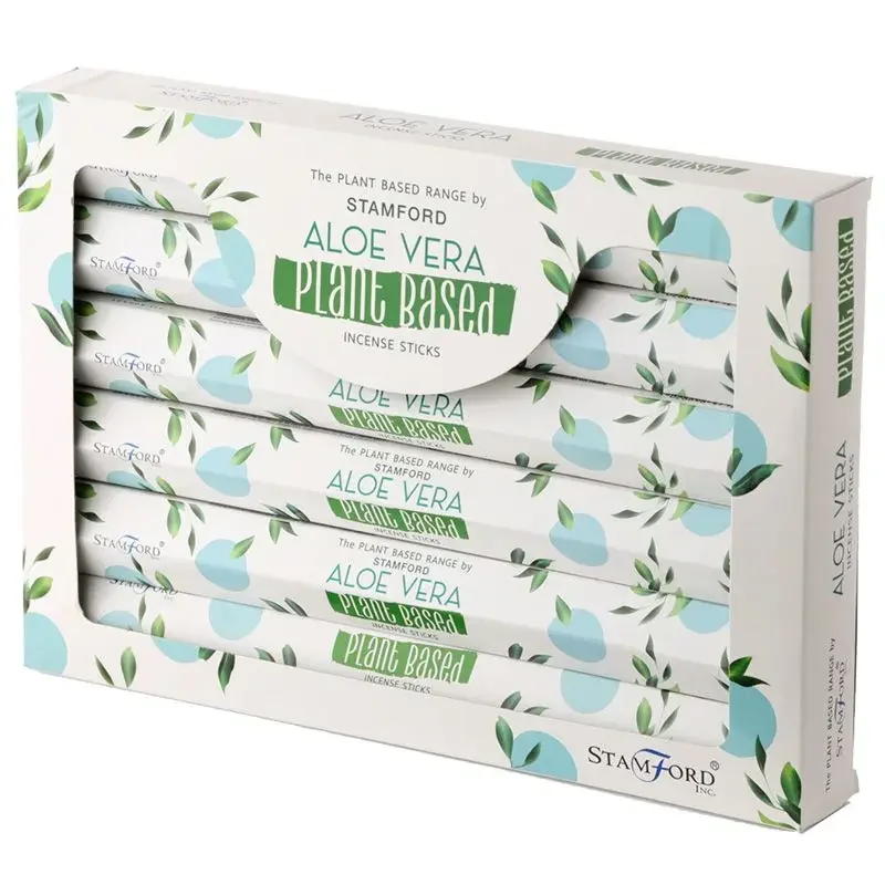 Bundle of plant based aloe vera incense sticks with green packaging on white background