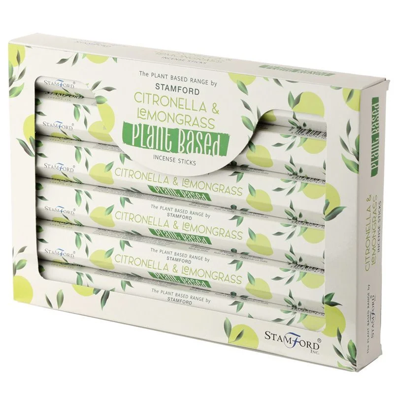 Box of plant based incense sticks with citronella and lemongrass scent on a plain white background