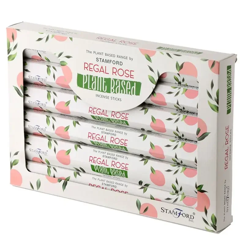 Bundle of plant based regal rose incense sticks with floral packaging on a white background