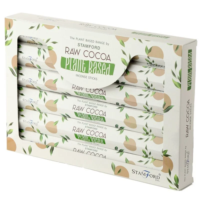 Plant based incense sticks with raw cocoa scent in a minimalist packaging on a white background