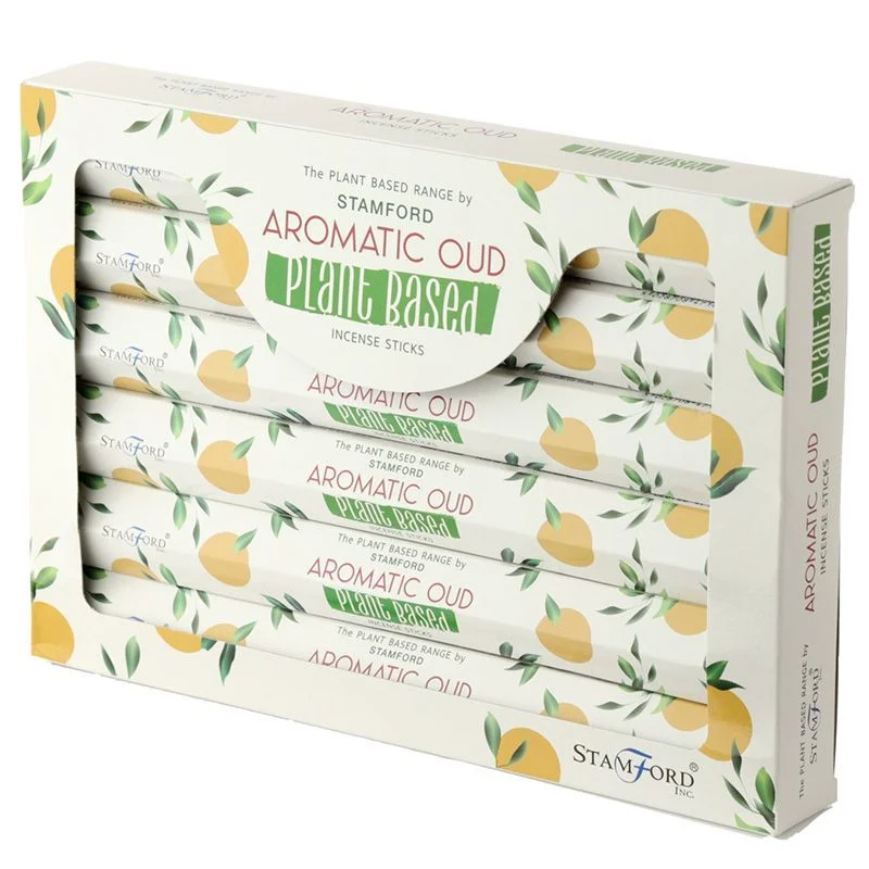 Aromatic incense sticks with plant-based ingredients in elegant packaging labeled Aromatic Oud
