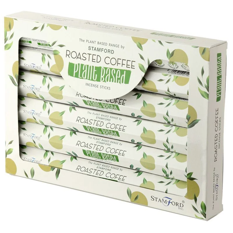 Plant based incense sticks with roasted coffee scent arranged on a wooden surface with natural packaging
