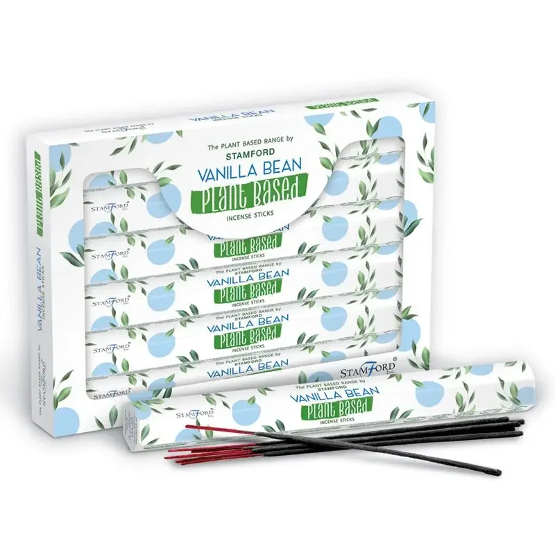 Bundle of plant based vanilla bean incense sticks with a light brown color on a white background