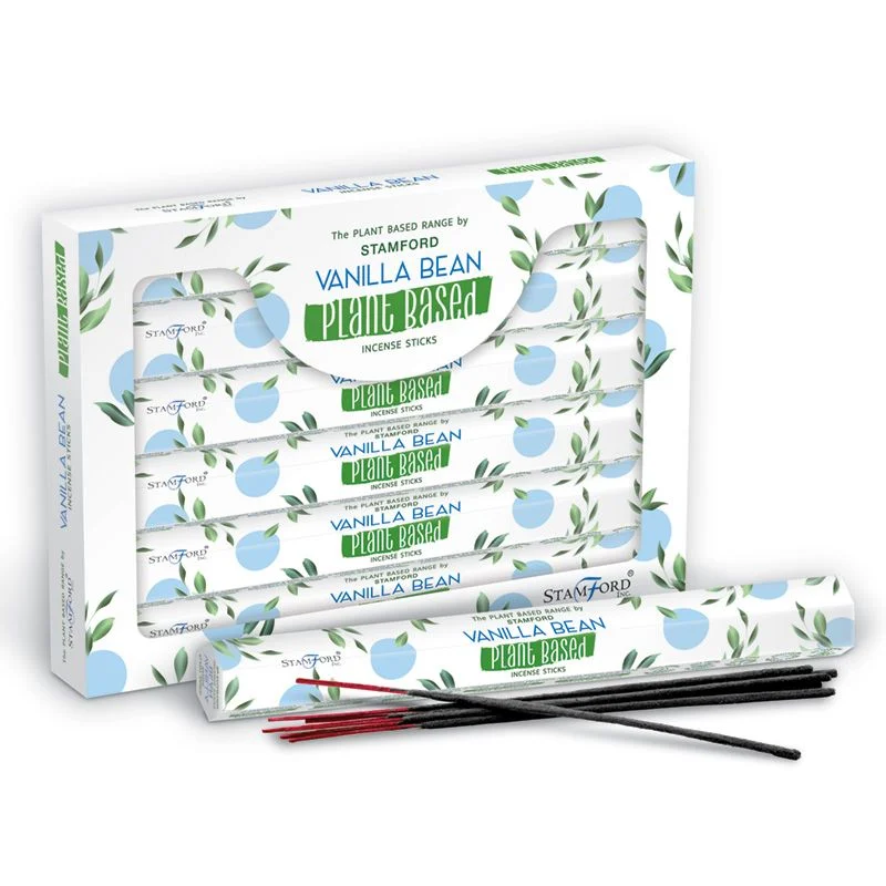 Bundle of vanilla bean natural incense sticks with a soft beige color on a white background