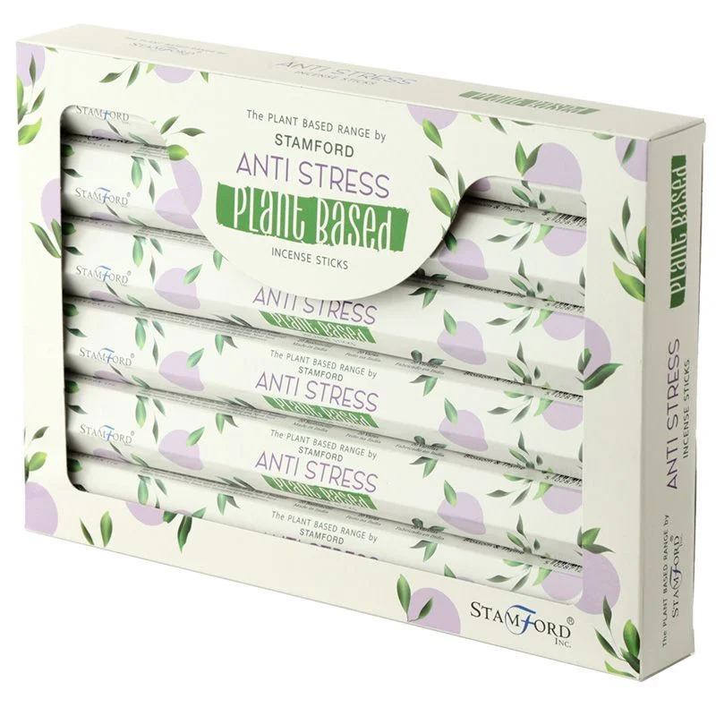 Box of plant based incense sticks labeled anti stress with several sticks displayed on a white background