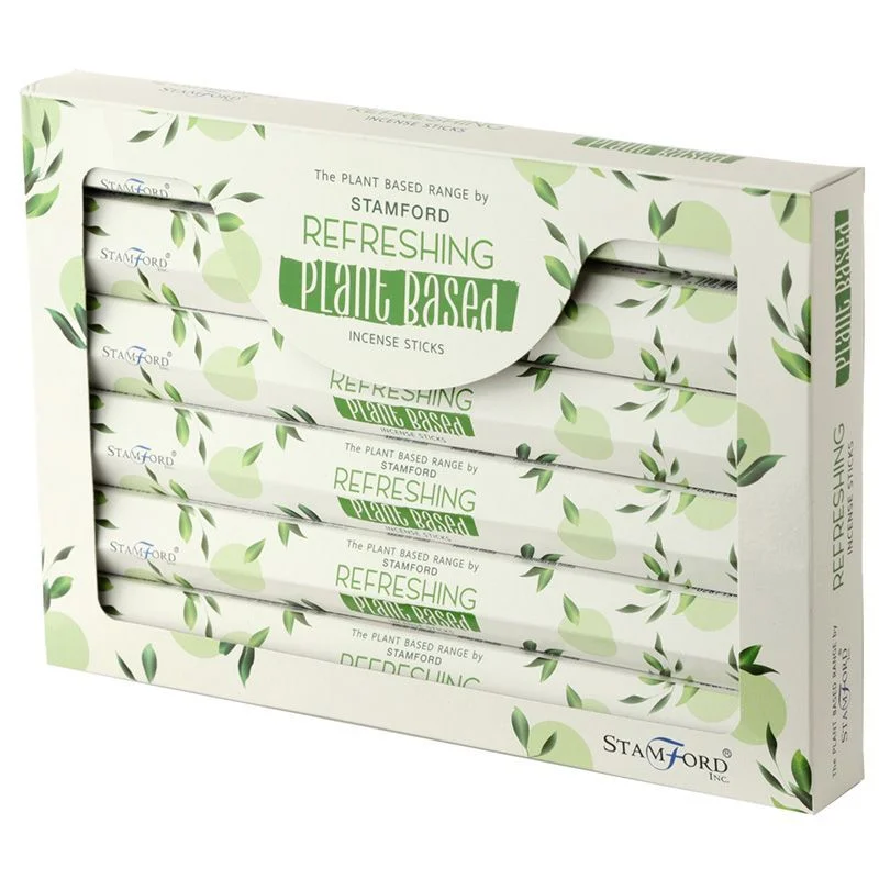 Box of plant based incense sticks with a refreshing scent, showing several sticks beside the packaging on a white background