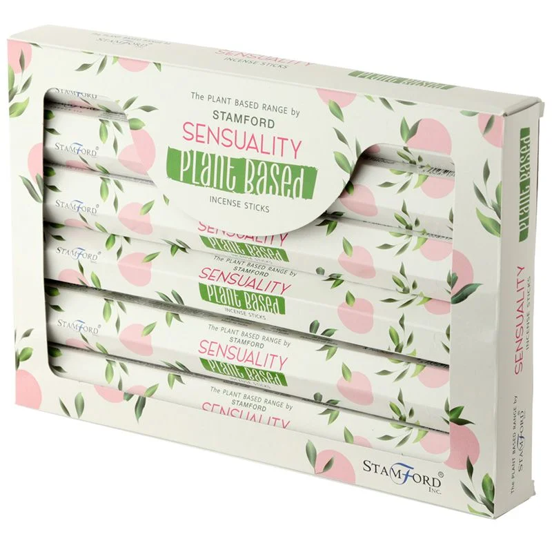 Natural incense sticks labeled Sensuality, made from plant-based ingredients, arranged on a white background