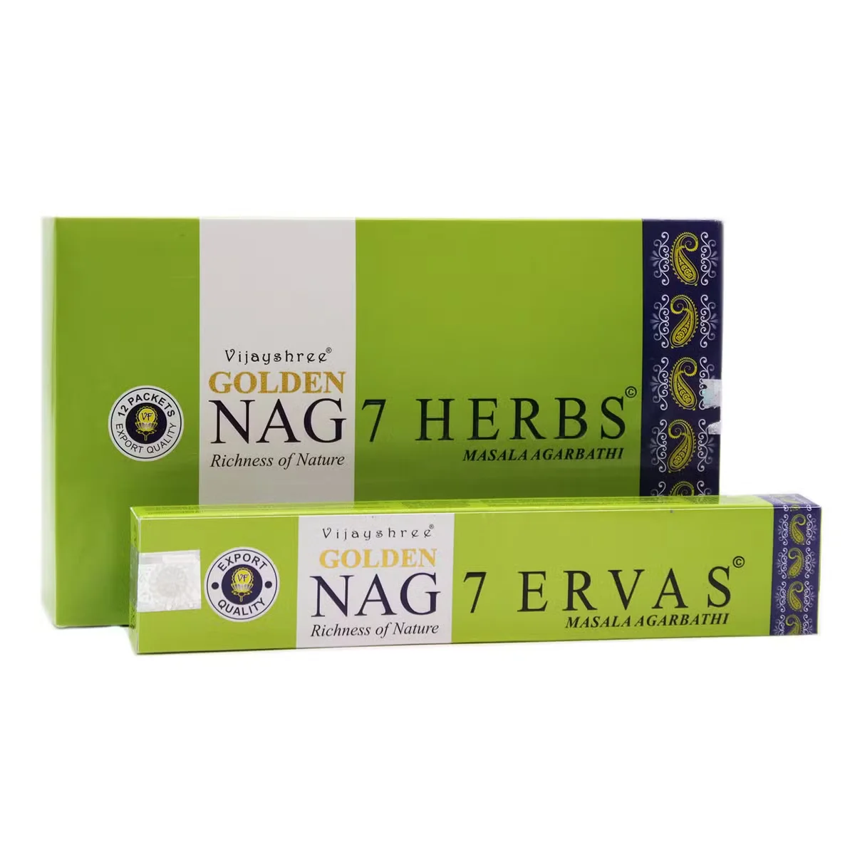 15g pack of Golden Nag Seven Herbs herbal incense blend with natural herb packaging on white background