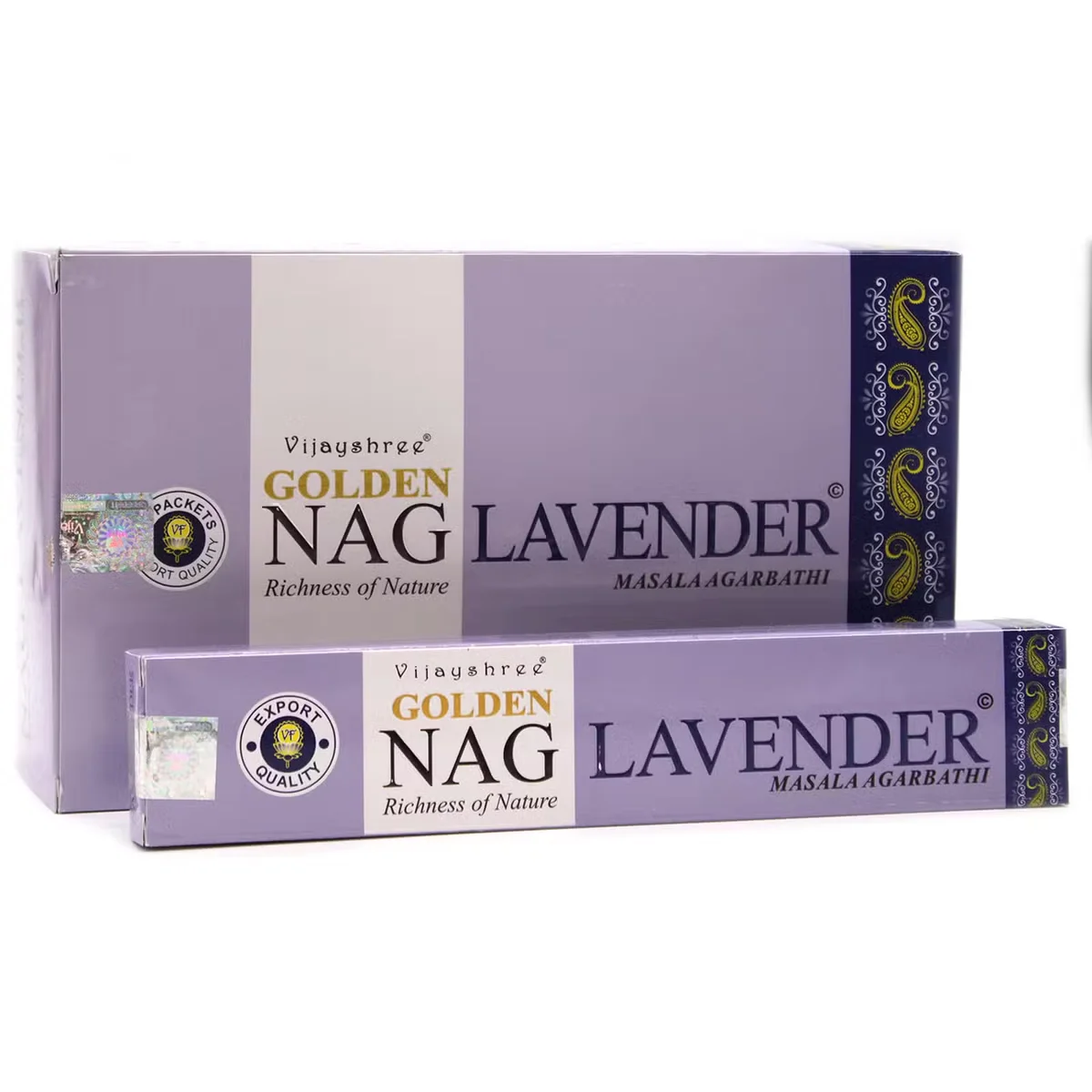 15g pack of Golden Nag Lavender aromatic home incense sticks with purple floral packaging on white background