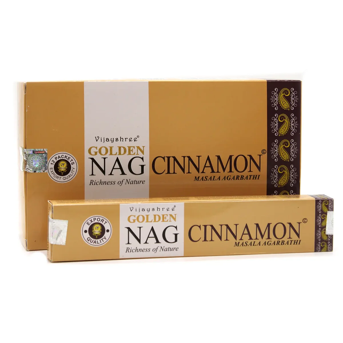 15g cinnamon pack of Golden Nag incense sticks with golden and brown packaging on a white background