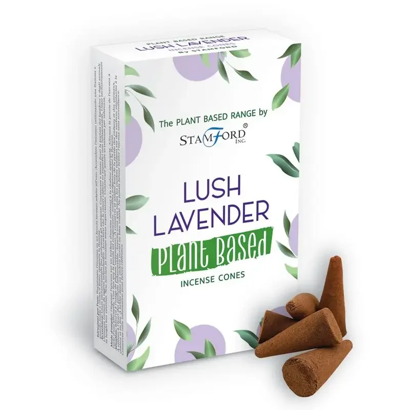 Plant based incense cones in a box labeled lush lavender incense with lavender flowers on the packaging