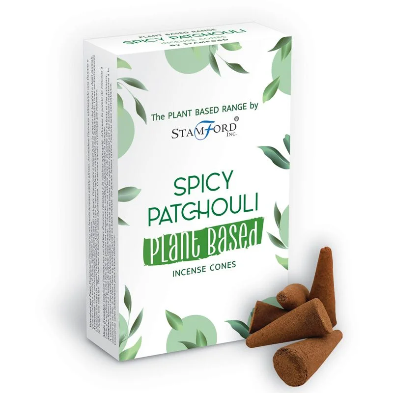 Spicy Patchouli natural incense cones arranged with plant elements on a white background