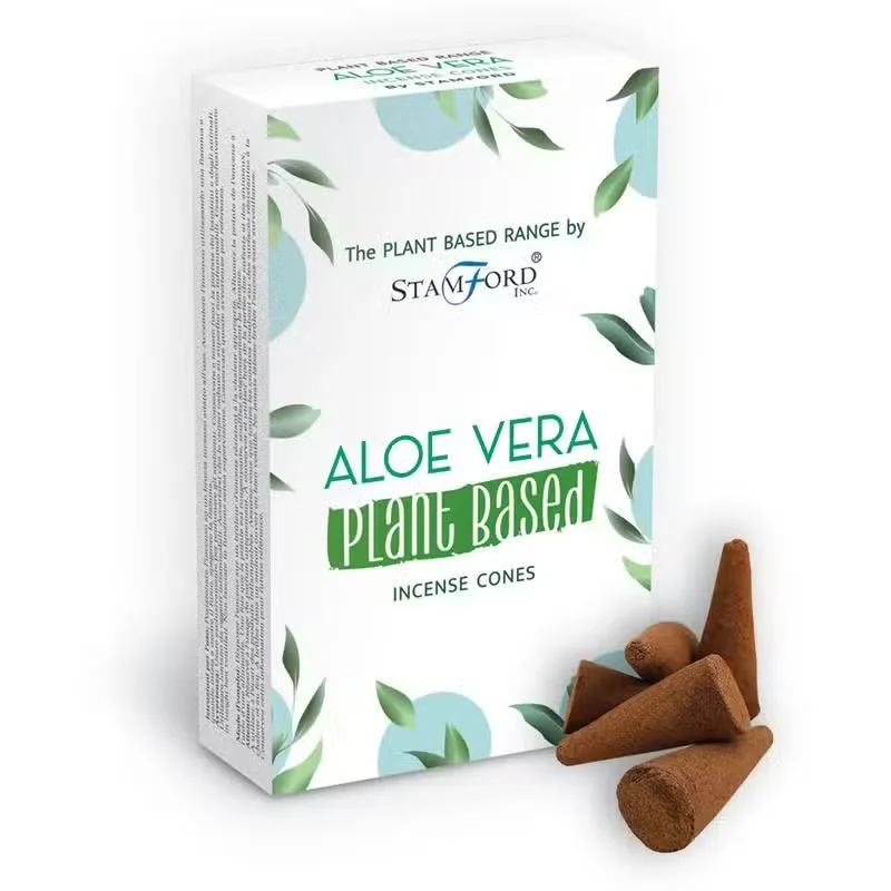 Aromatic incense cones with aloe vera scent arranged on a wooden surface, highlighting plant-based ingredients