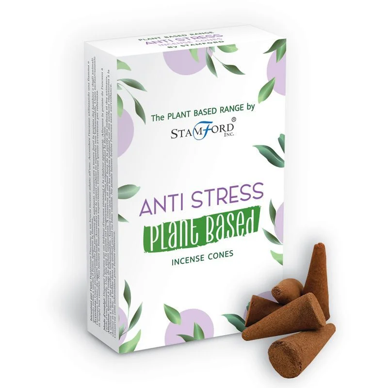 Plant based incense cones arranged on a wooden surface with anti stress label visible on packaging
