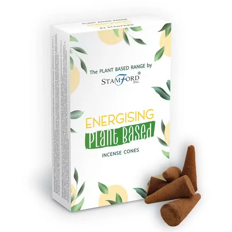 Energising plant based incense cones arranged on a wooden surface with soft natural lighting background