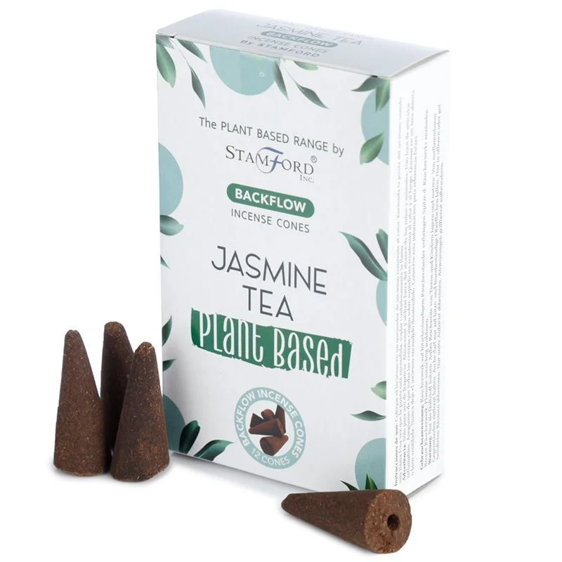 Pack of plant based jasmine tea backflow incense cones arranged on a wooden surface with smoke flowing downward