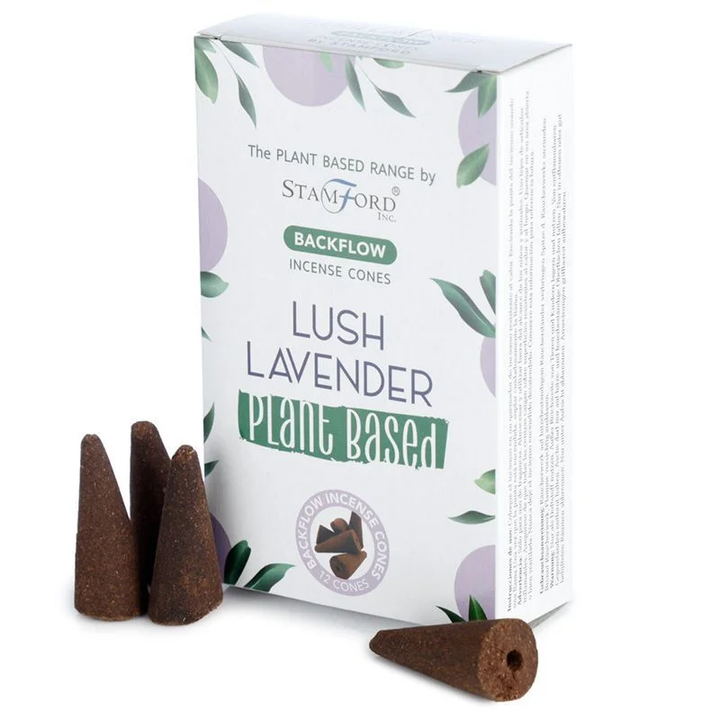 Lush Lavender plant based backflow incense cones arranged with lavender flowers on a white background