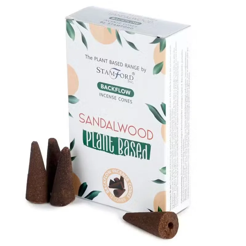 Stack of plant based sandalwood aromatherapy incense cones on a white background for backflow use