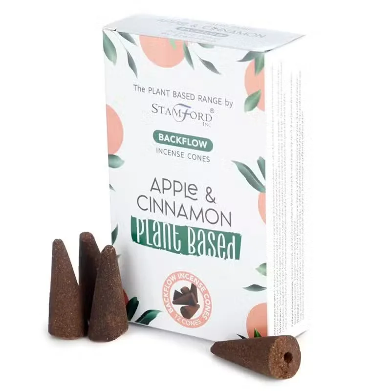 Apple & Cinnamon plant based backflow incense cones arranged with packaging, ideal backflow incense gifts for relaxation