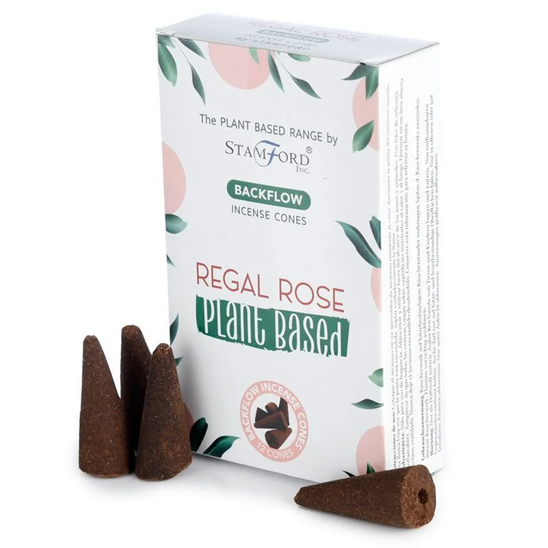 Regal Rose plant based backflow incense cones arranged on a decorative holder for calming aroma therapy sessions