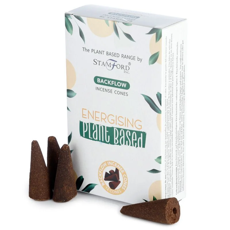Pack of plant based backflow incense cones labelled Energising on a plain white background