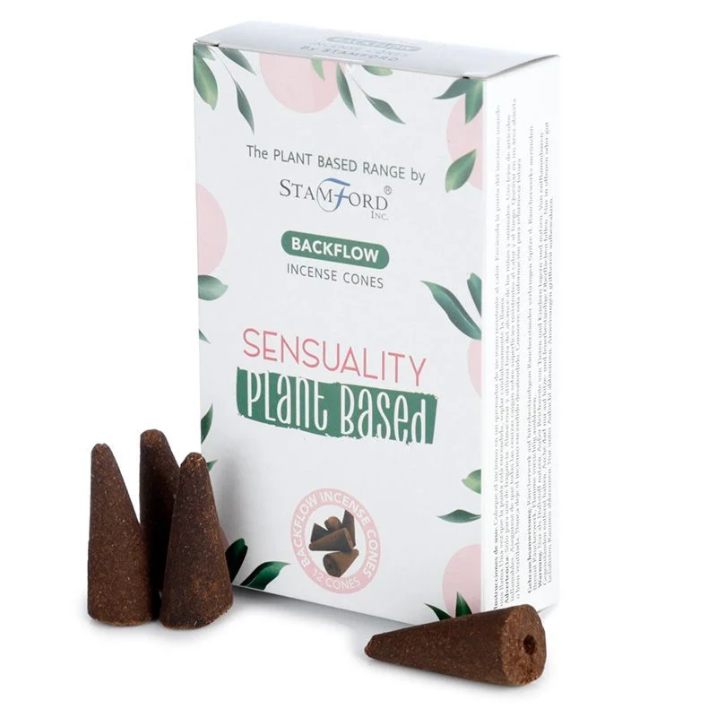 Plant based backflow incense cones labeled Sensuality arranged on a decorative holder for burning and fragrance release