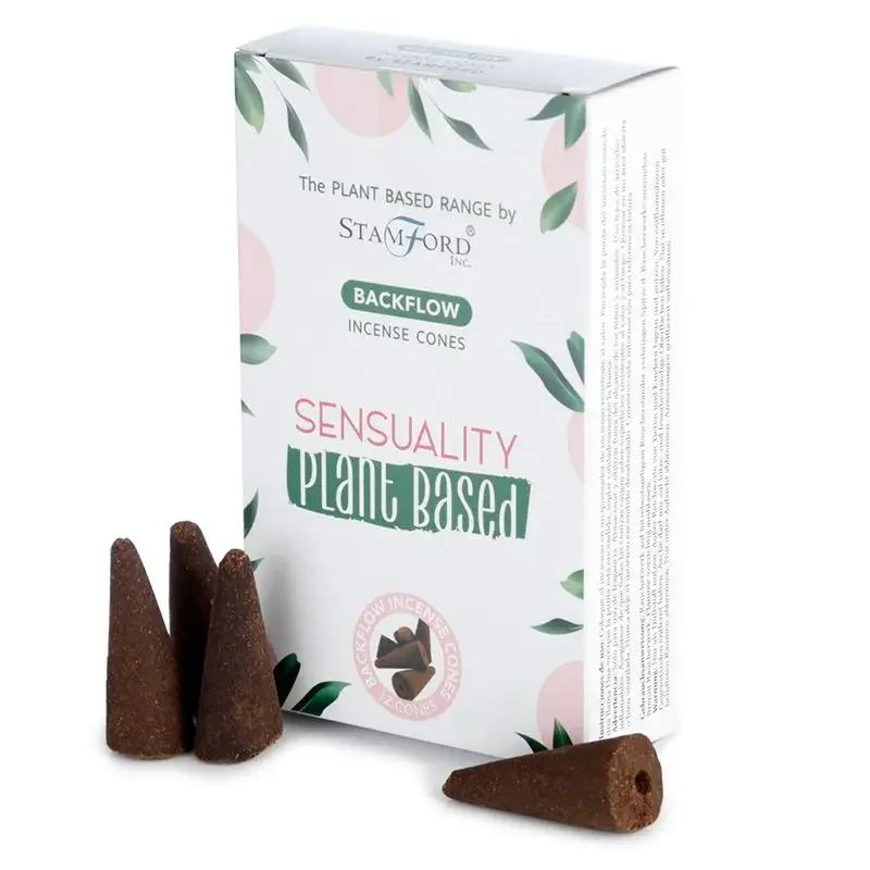 Plant based incense cones in sensuality scent with smoke flowing downwards for backflow effect on a white background