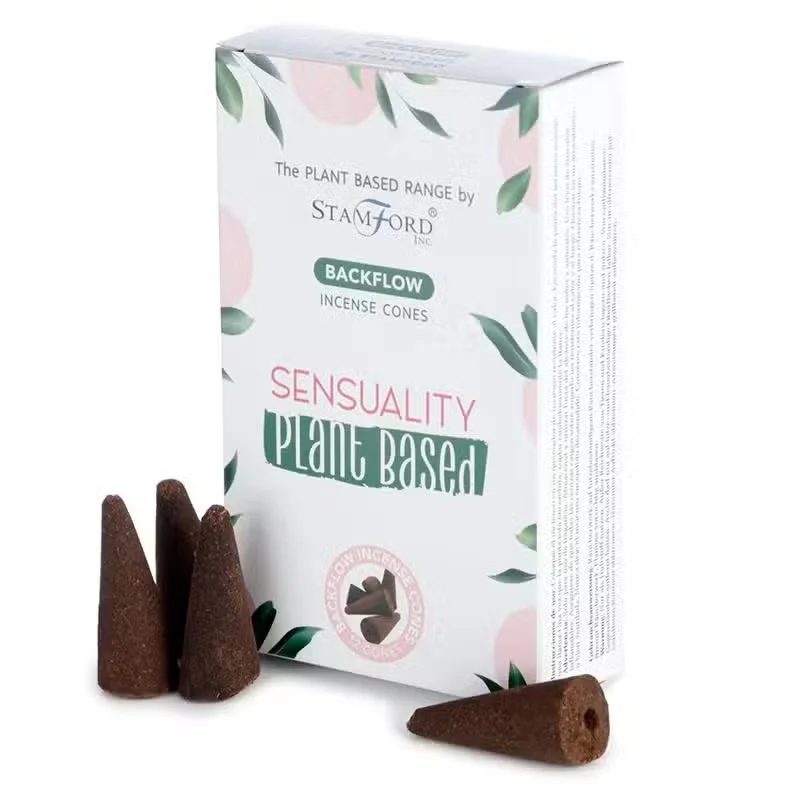 Sensuality plant based aroma incense cones arranged with smoke flowing downwards, highlighting backflow effect