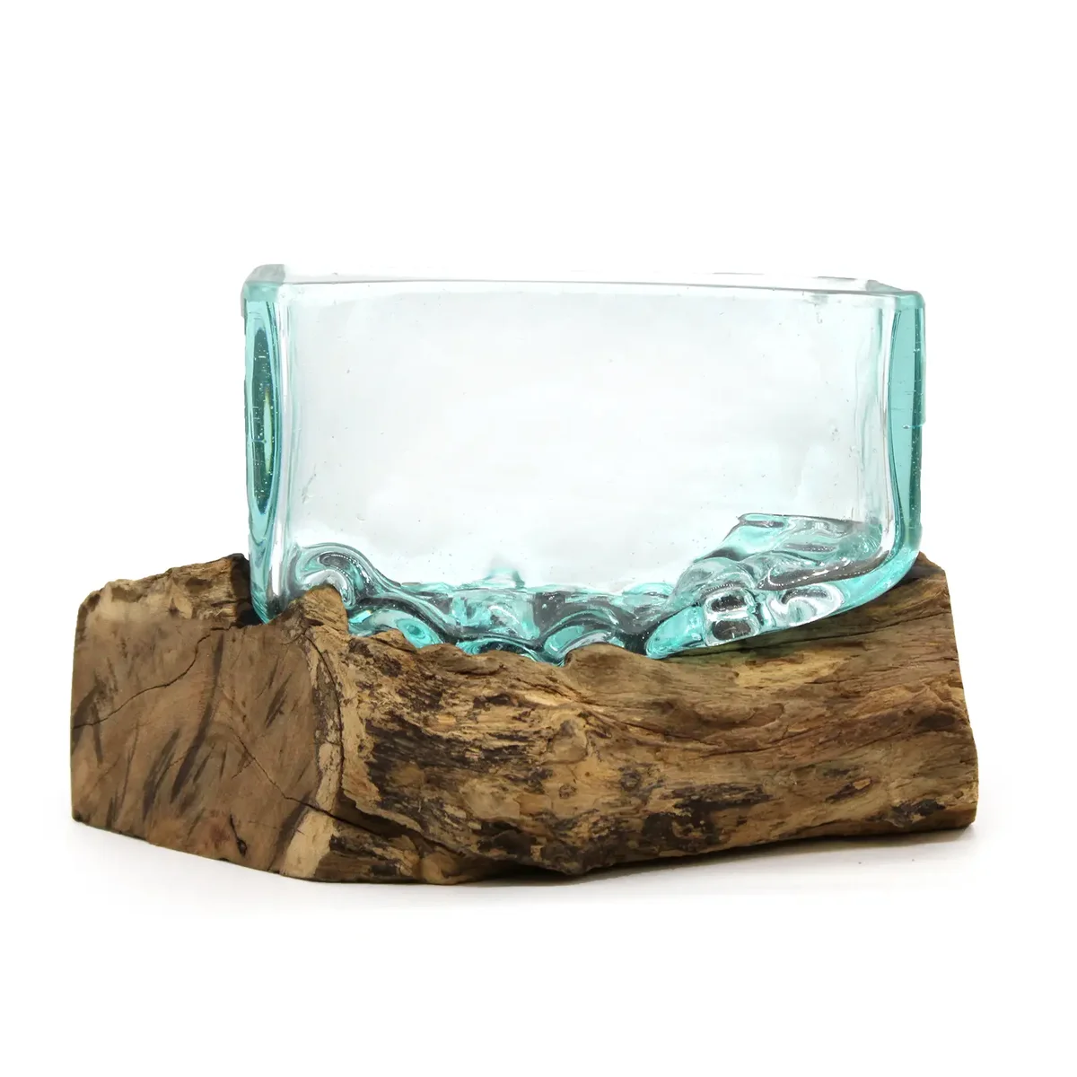 Medium molten glass vase with stand on wooden base, designed as a tank-shaped bowl for home decor
