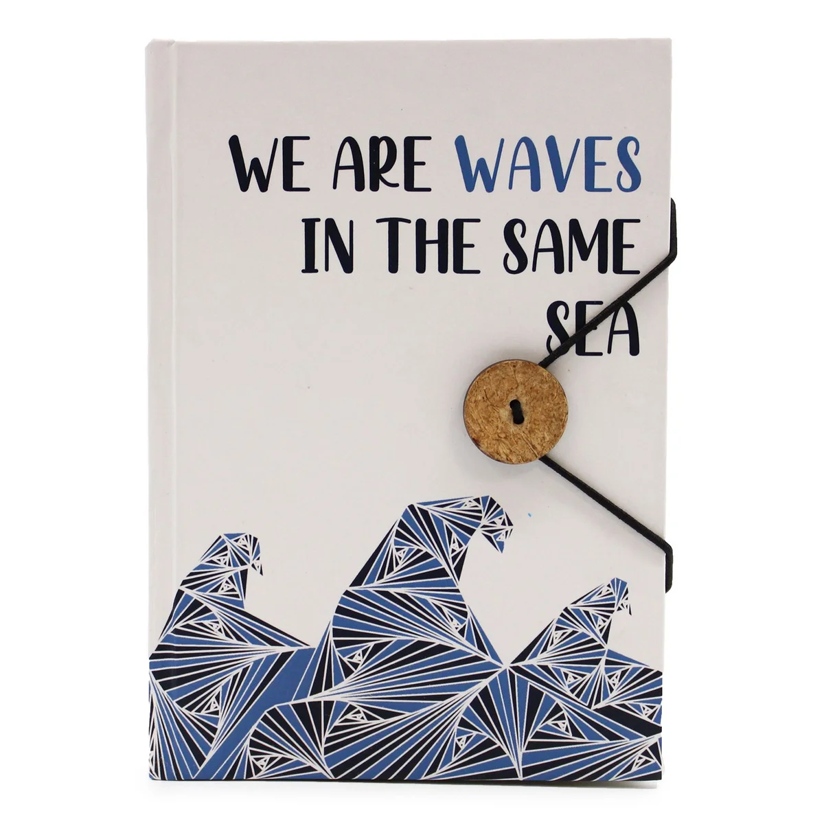 Notebook with strap featuring a waves in the same sea design on the cover, closed and lying flat on a white background