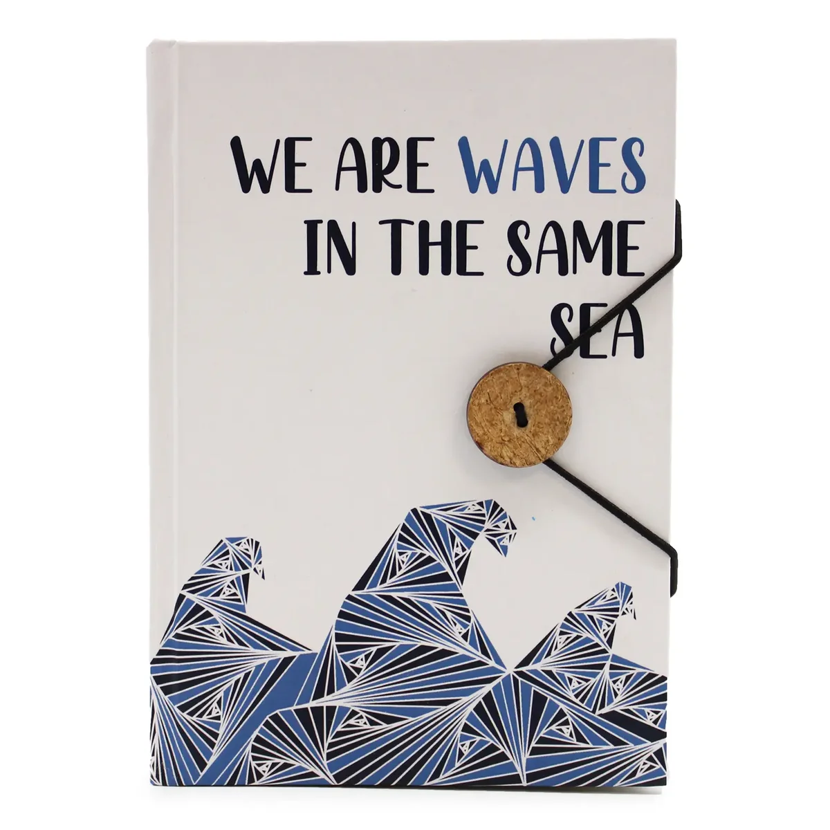 Closed notebook with strap featuring a waves design and the phrase "Waves in the same sea" on the cover